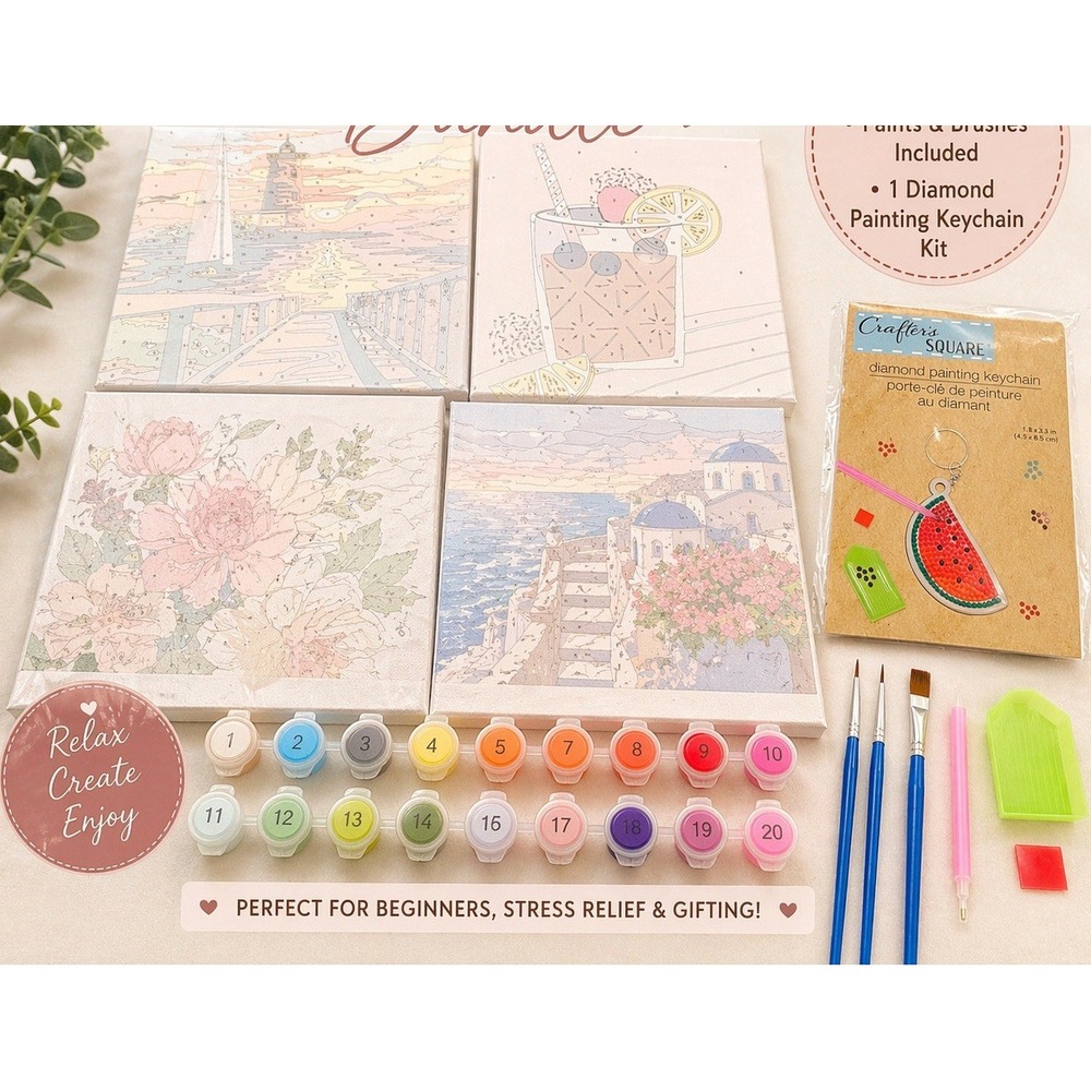 Crafter's Square 5 PC DIY Art Kit Bundle Paint by Numbers & Diamond Keychain Kit